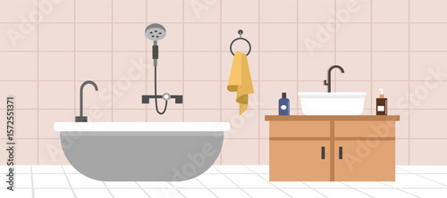 Bathtub and washbowl illustration. Bathroom illustration. Wash sink. Toilet. Hotel bathroom. Faucet.