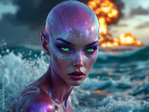 A striking alien with blue skin gazes intensely at a fiery ocean explosion at sunset.