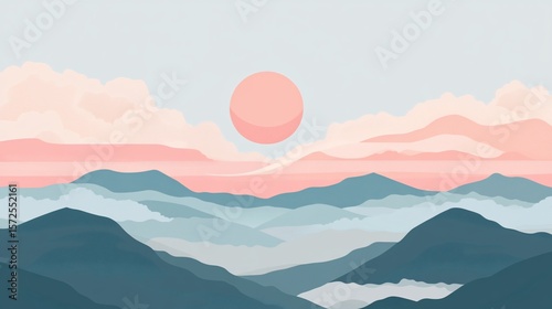 Abstract layered mountains in soft pastel shades at sunrise or sunset