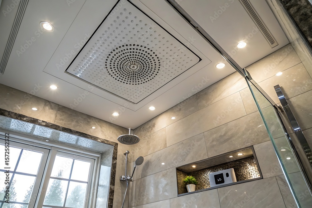 Obraz premium Modern Bathroom Shower with Recessed Ceiling Ventilation and Elegant Tile Design