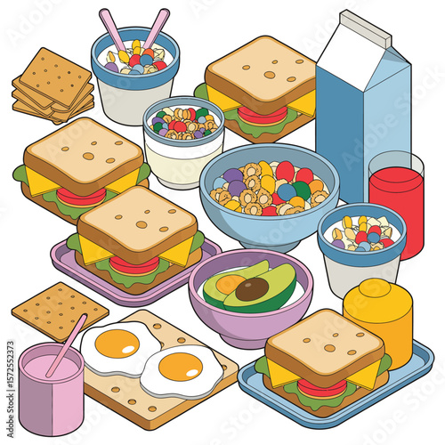Colorful Isometric Illustration of a Healthy Breakfast