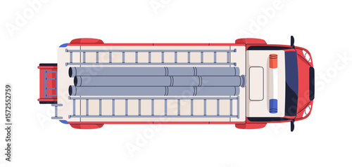 Fire truck, top view. Emergency vehicle with firefighting equipment, gears, ladder, hoses, siren lights on roof. Rescue transport from above. Flat vector illustration isolated on white background