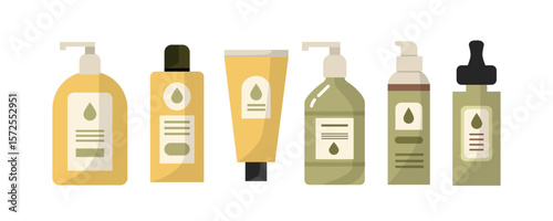 Serum bottle. Lotion bottle. Skincare packaging. Shampoo and soap. Cosmetics. Toner bottle. Beauty makeup.