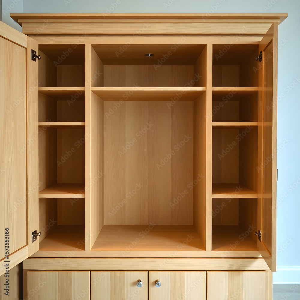 Fototapeta premium Empty wooden armoire with open doors showing interior shelves