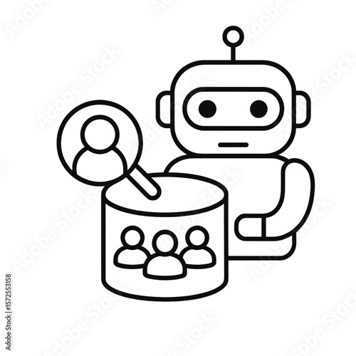 Line icon of AI robot analyzing customer database, client data analysis automation

