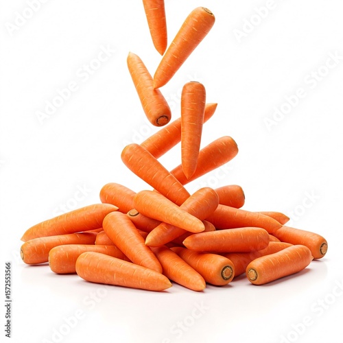 Falling fresh carrots onto a pile isolated on white background.