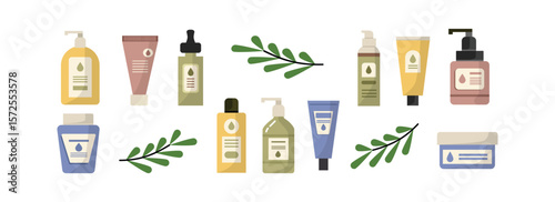 Skincare packaging illustration, Cosmetics packaging collection. Set of kincare product. Soap bottle. Medicine bottle.