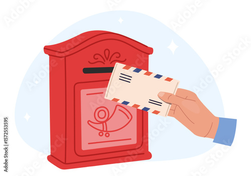 Hand tosses envelope with letter into red mailbox. Correspondence delivery. Postbox address. Outdoor letterbox. Send and receive paper mail. Post messages communication. Vector concept