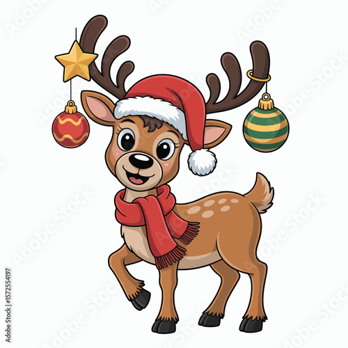 Cute Cartoon Christmas Reindeer with Ornaments