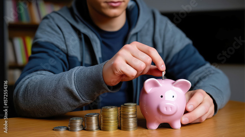 Savings concept represented with coins, piggy bank, and financial charts in a bright setting, symbolizing smart money management.