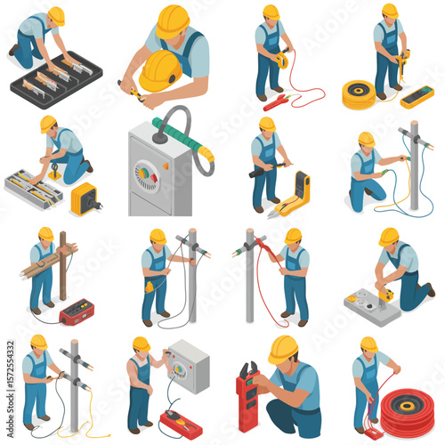 Different Electrician Tasks in Isometric View