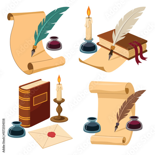 Vintage Writing Supplies Set with Scrolls Books and Candles
