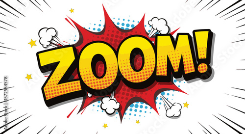 Zoom! comic pop art style graphic with bright colors and effects  