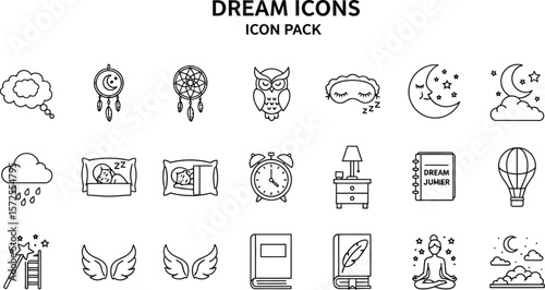 Dream icons icon pack featuring various dream related symbols in line art