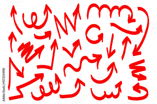 Hand drawn Grunge Red Arrows Set. Brush Stroke Directional Elements Collection. Perfect for infographics, user interface elements, presentations, highlight design, or creative layouts. Isolated on