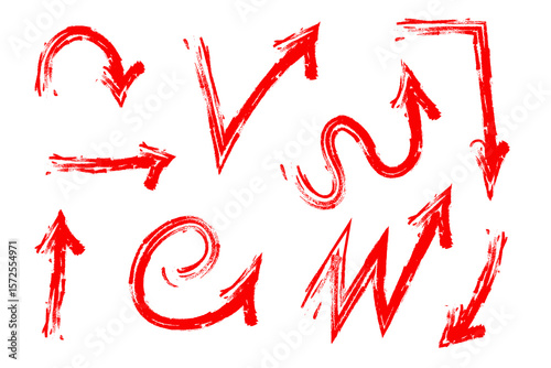 Hand drawn Red Grunge Arrows Set. Brush Stroke Directional Elements Collection. Perfect for infographics, user interface elements, presentations, highlight design, or creative layouts. Isolated on
