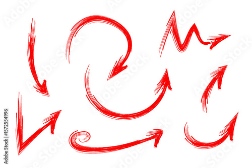Hand drawn Red Grunge Arrows Set. Brush Stroke Directional Elements Collection. Doodles, swirls, zig zags. Perfect for infographics, user interface elements, presentations, highlight design, or