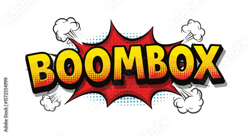 Bright comic pop art graphic of a boombox with explosion effect  