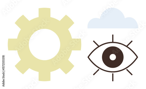 Eye icon paired with gear and cloud, symbolizing vision, creativity, technology, and cloud processing. Ideal for analytics, innovation, cloud computing, vision artificial intelligence technology