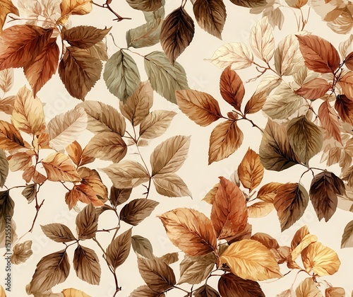 seamless pattern of autumn leaves, acorns, pumpkins, mushrooms, warm orange and yellow tones