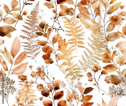 seamless pattern of autumn leaves, acorns, pumpkins, mushrooms, warm orange and yellow tones