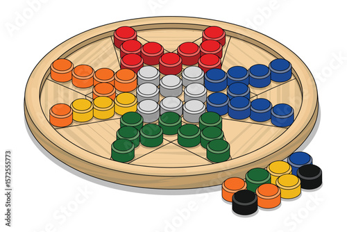 Round Wooden Game Board with Colorful Game Pieces