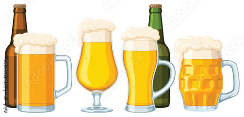 Assortment of Beer Bottles and Glasses with Frothy Head