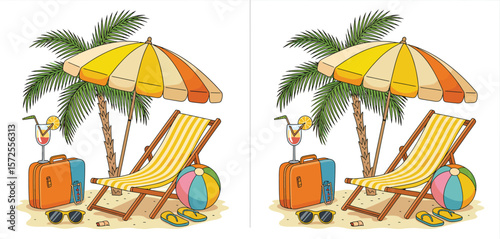 Beach Relaxation Scene with Palm Trees and Umbrella