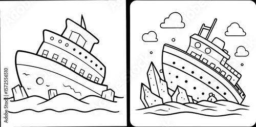 Wrecked Ship Coloring Book Page – Outline Line Art Sunken Pirate Vessel for Kids and Adults