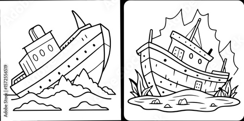 Wrecked Ship Coloring Book Page – Outline Line Art Sunken Pirate Vessel for Kids and Adults