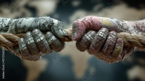 Two hands have a tug-of-war with a rope made of dollar and yuan currency notes, a blurred world map in the background, symbolizing a currency war, dynamic action