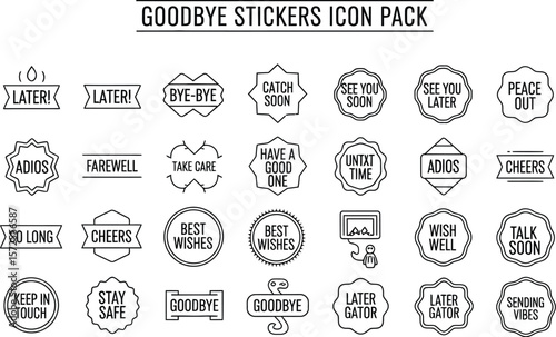 Goodbye stickers icon pack featuring various farewell messages in black lines