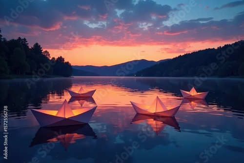 Serene lake at dusk; glowing paper boats drift on calm water , hope, celebration, calm
