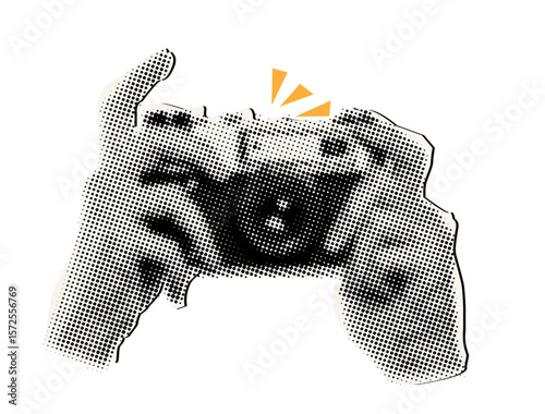 Halftone camera in hand,trendy collage element cut out from paper
