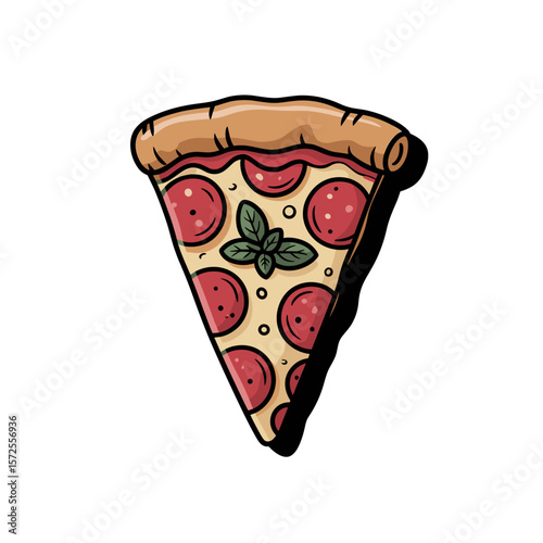 Slice of pepperoni pizza with basil leaf on white background  
