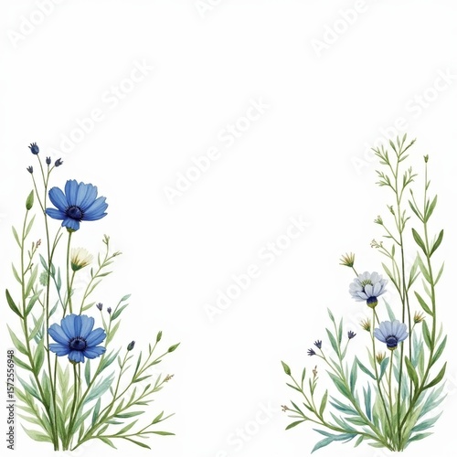 Watercolor illustration of blue cornflowers with green leaves arranged symmetrically in the bottom corners on white background. Botanical designs, packaging, cards, or summer-themed branding.