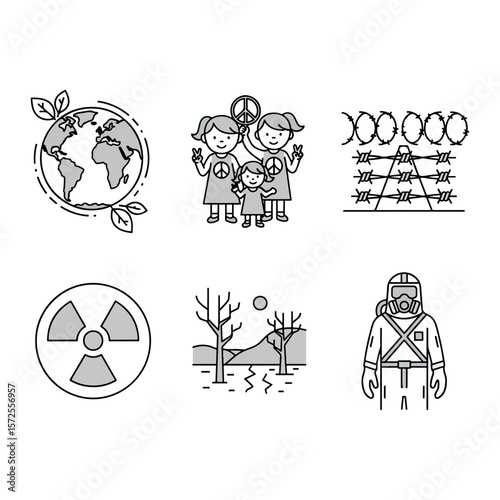 Collection of environmental and social issues icons symbolizing global challenges and human impact on the planet and society representing ecological threats and the pursuit of peace and safety