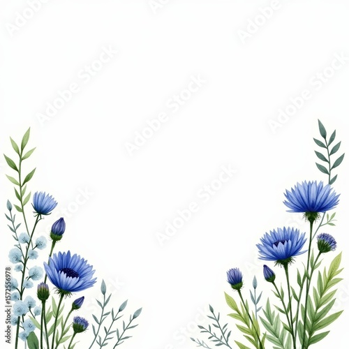 Watercolor illustration of blue cornflowers with green leaves arranged symmetrically in the bottom corners on white background. Botanical designs, packaging, cards, or summer-themed branding.