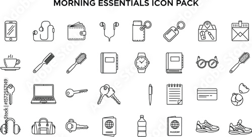 Outline icon set of morning essentials including travel and personal items