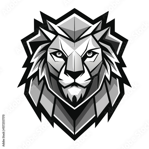 Geometric lion's head with sharp angles stares forward in a monochromatic greyscale palette
