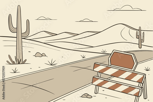 Illustration of a chair and a bench on the road in the desert