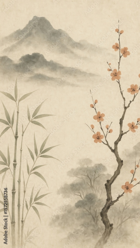Fototapeta premium Serene mountain bamboo blossoms.