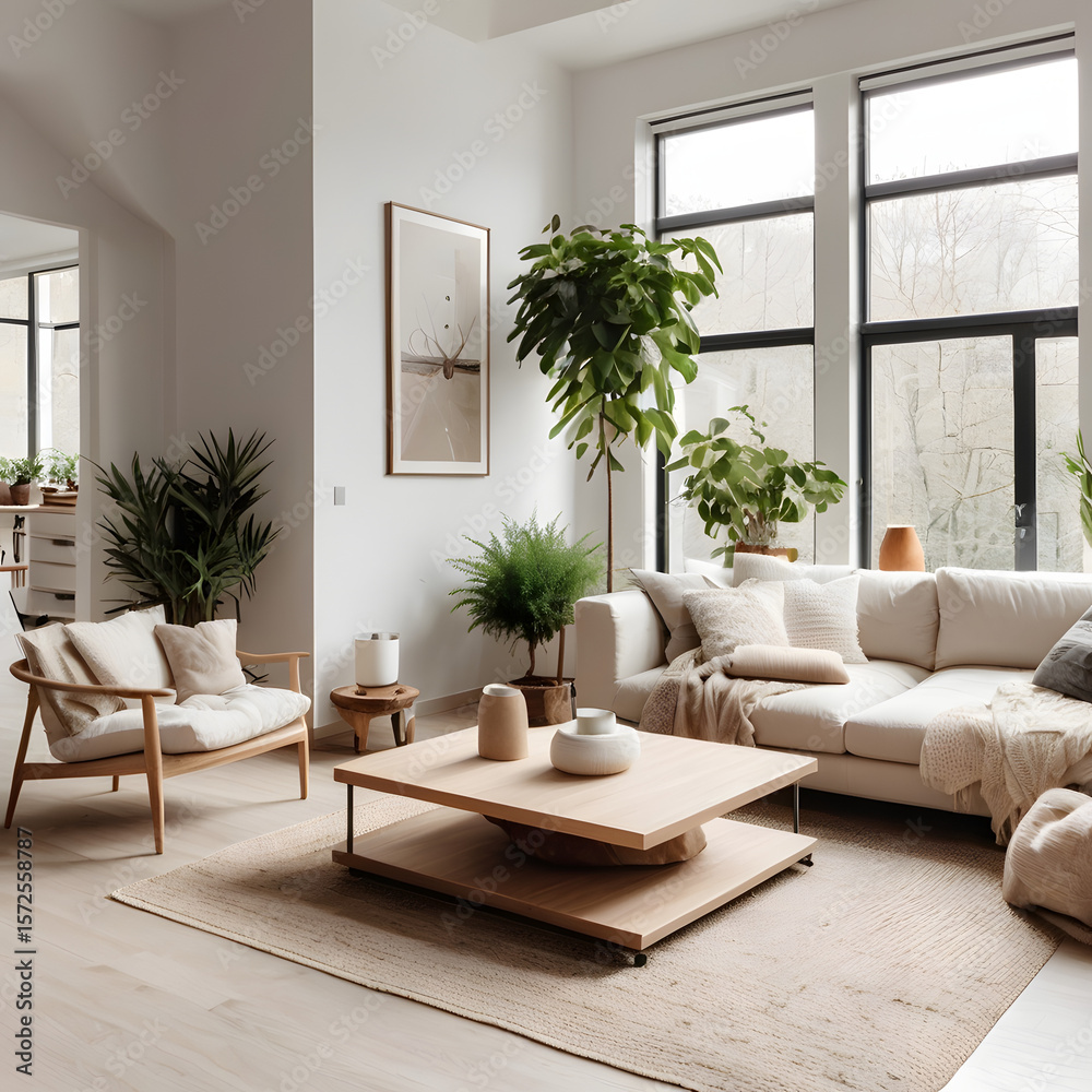 Fototapeta premium Bright Scandinavian Living Room: Sunlit living space in a Scandinavian design, neutral color palette, features potted plants, minimalistic furniture, and geometric wooden coffee table.