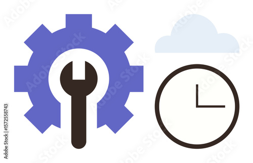 Gear with wrench for repair, clock symbolizing time or scheduling, cloud signifying data storage. Ideal for repair, technology, maintenance, cloud computing, systems, time management process