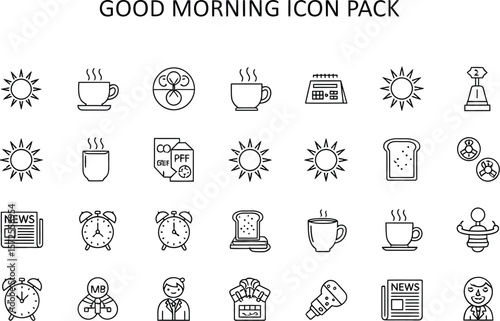 A collection of good morning themed line art icons in a grid arrangement