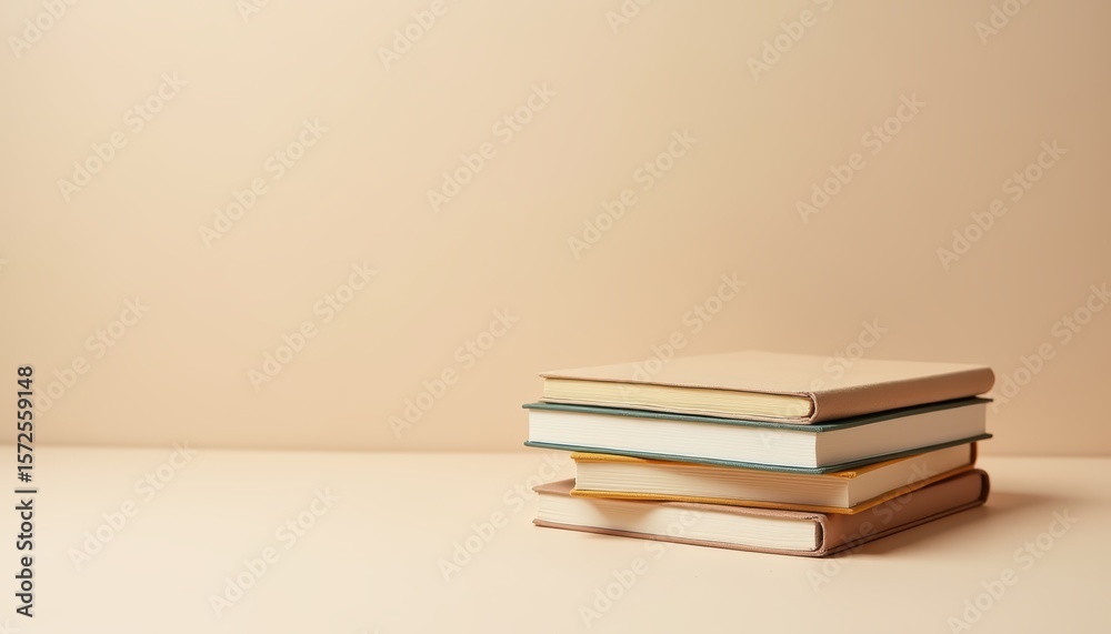 Fototapeta premium Stacked Neutral Colored Journals on Minimalist Table Surface with Soft Background