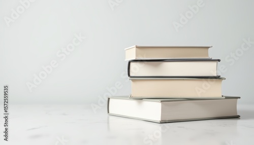 Stack of four books on a light surface with soft shadows and minimalist background aesthetic
