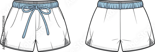Unisex fashion shorts CAD drawing, technical flat sketch vector, front and back view, white shorts, drawstring waist design, elastic waistband