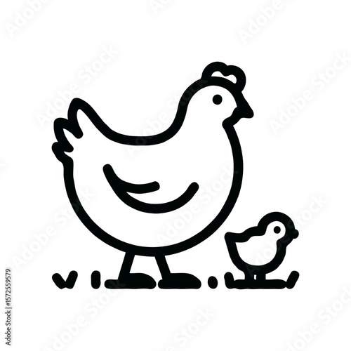 Hen and chick in outline cartoon style standing on grass, minimal black line art on white background, concept of farm animals and motherhood