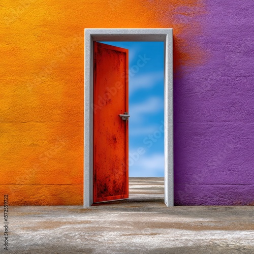 Rusty Metal Door Open on Colorful Graffiti Wall